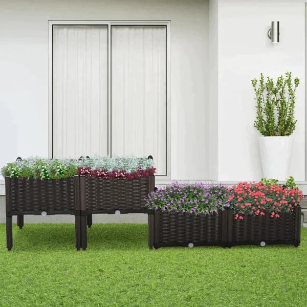 Rootz Upphöjd säng - Planteringslåda - Trädgårdsplanteringslåda - Planteringslåda med dräneringshål - Blomlåda i rottinglook - Brun - 40 x 40 x 44 cm