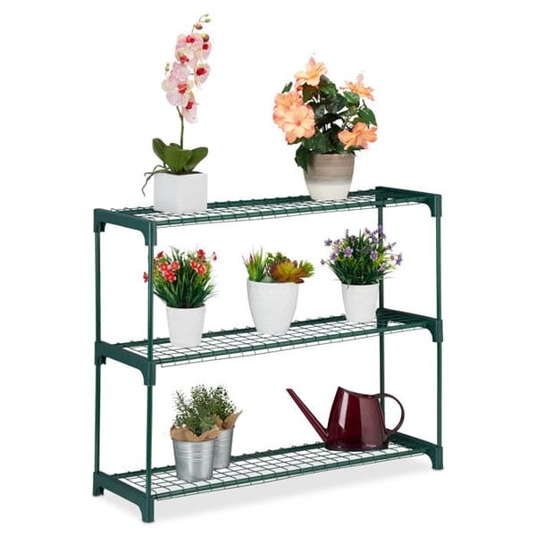 Relaxdays Pflanzenregal, 3 Ablagen, Pflanzentöpfe, für Balkon &amp; Garten, Metall &amp; Kunststoff, HBT 74,5x91x28,5 cm, grön