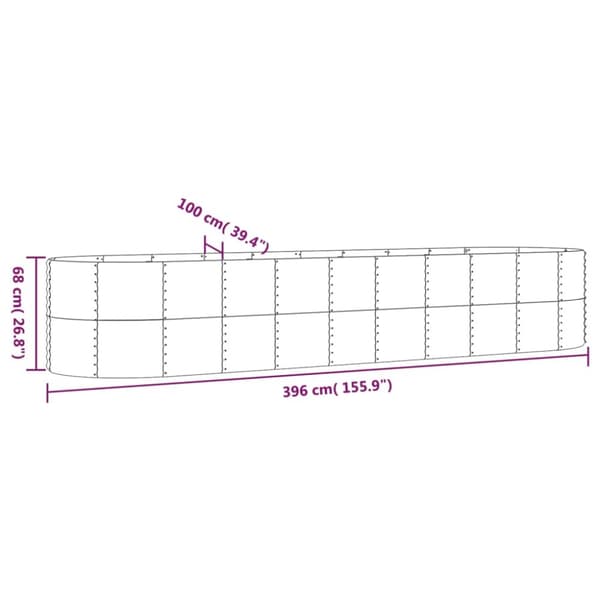 plantekasse 396x100x68 cm pulverlakeret stål sølvfarvet
