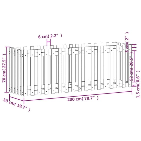 højbed med stakitdesign 200x50x70 cm massivt fyrretræ