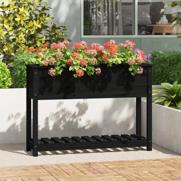 plantekasse med hylde 111,5x34,5x81 cm massivt fyrretræ sort