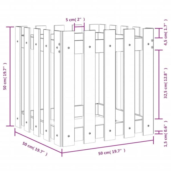 plantekasse med stakitdesign 50x50x50 cm massivt fyrretræ hvid