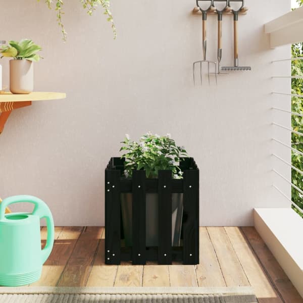plantekasse med stakitdesign 40x40x40 cm massivt fyrretræ sort