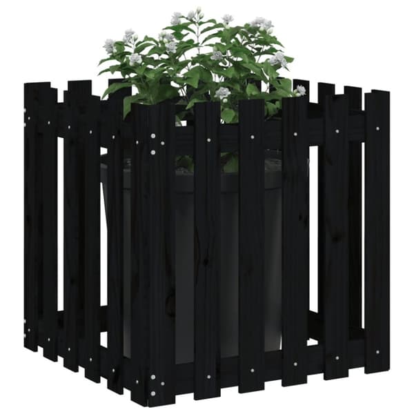 plantekasse med stakitdesign 60x60x60 cm massivt fyrretræ sort