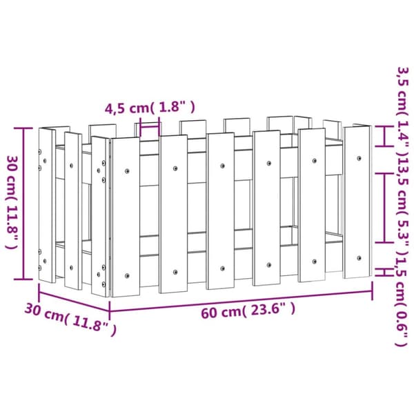 plantekasse med stakitdesign 60x30x30 cm massivt fyrretræ