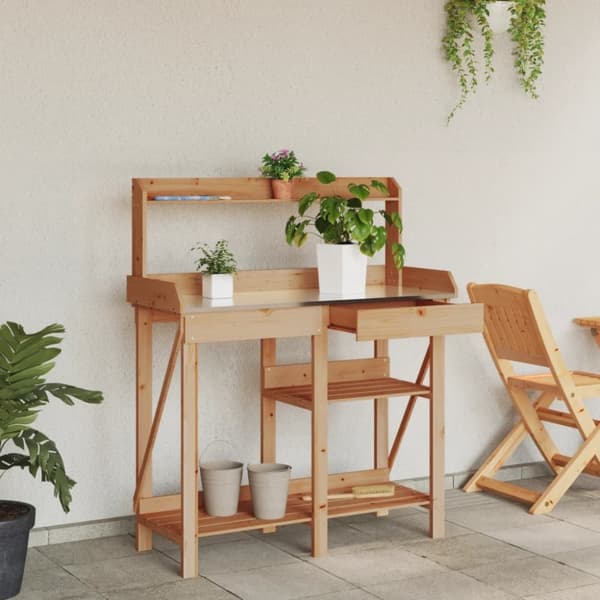 vidaXL Planteringsbord med hyllor brun massivt granträ