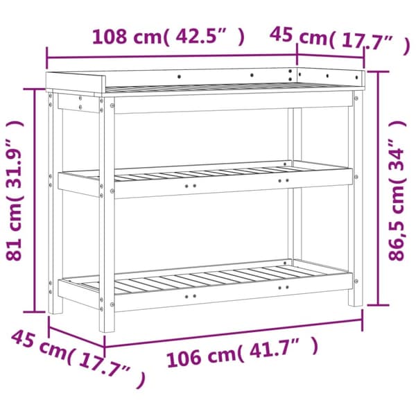 vidaXL Pottebord med hyller brun 108x45x86,5 cm heltre furu