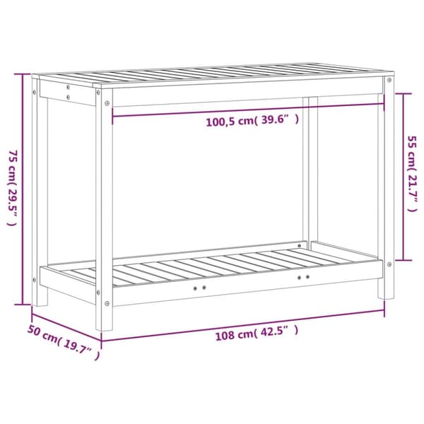 vidaXL Pottebord med hylle voksbrun 108x50x75 cm heltre furu