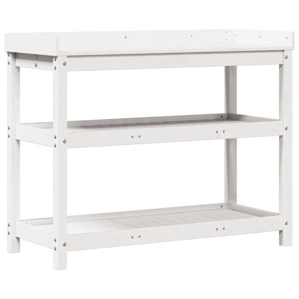 vidaXL Ruukutuspöytä hyllyillä valkoinen 108x45x86,5 cm täysi mänty