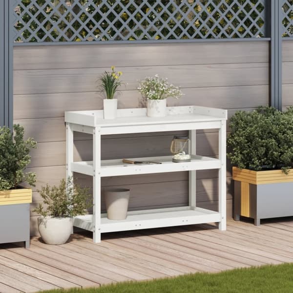 vidaXL Pottebord med hyller hvit 108x45x86,5 cm heltre furu