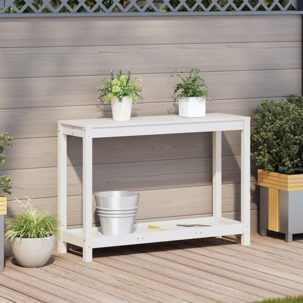 vidaXL Ruukutuspöytä hyllyllä valkoinen 108x35x75 cm täysi mänty