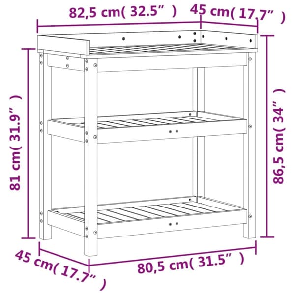 vidaXL Pottebord med hyller hvit 82,5x45x86,5 cm heltre furu