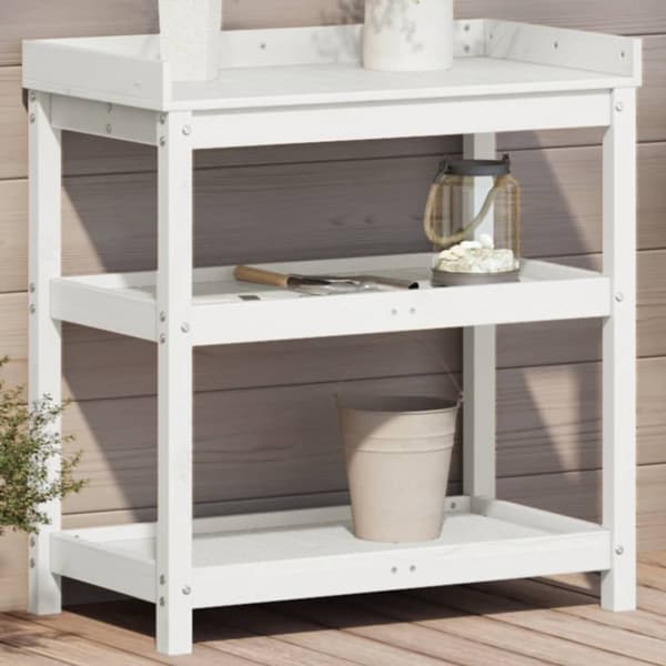 vidaXL Ruukutuspöytä hyllyillä valkoinen 82,5x45x86,5 cm täysi mänty