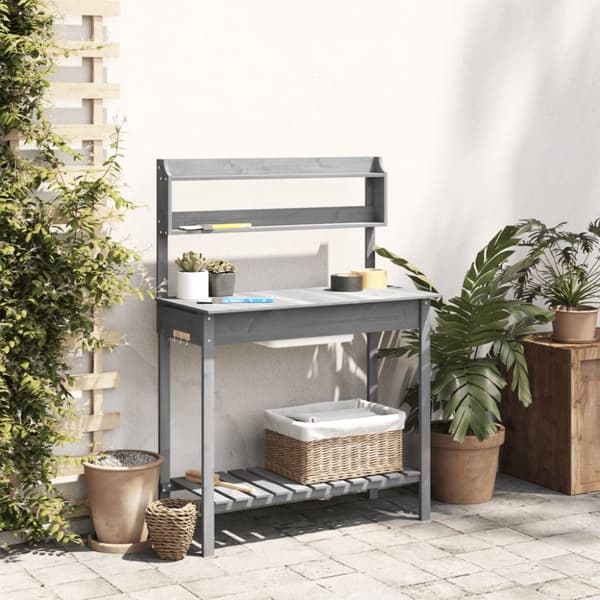 vidaXL pottebænk med vask 147,5x44x139,5 cm massivt grantræ grå