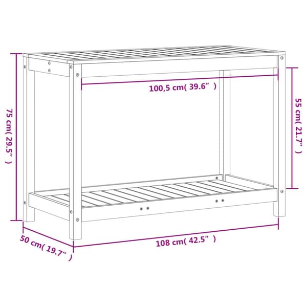 plantebord med hylde 108x50x75 cm massivt fyrretræ hvid