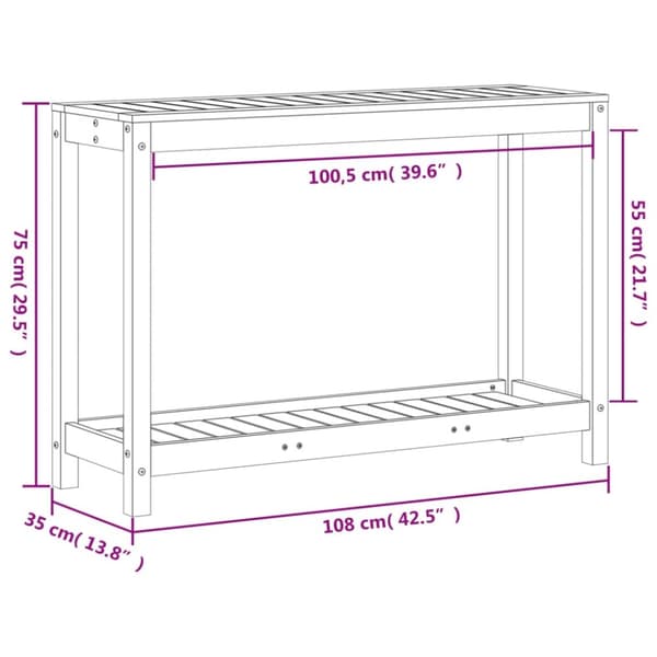 plantebord med hylde 108x35x75 cm massivt fyrretræ gyldenbrun