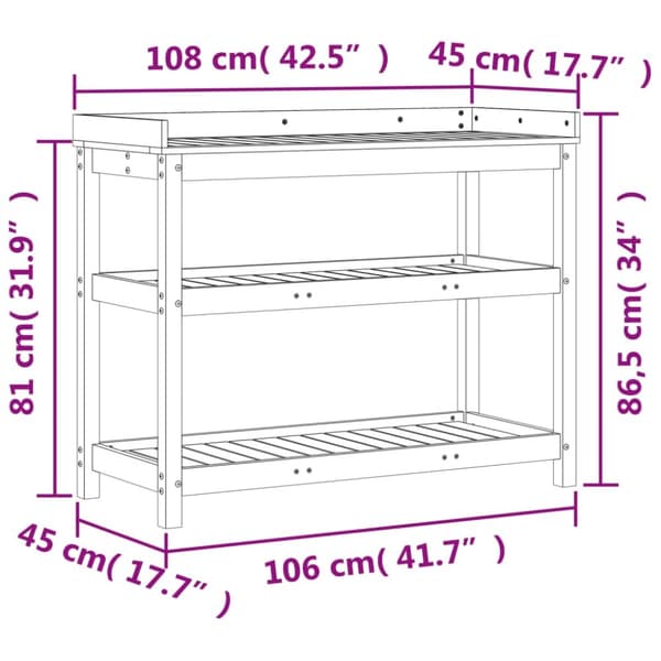 plantebord med hylder 108x45x86,5 cm massivt fyrretræ brun