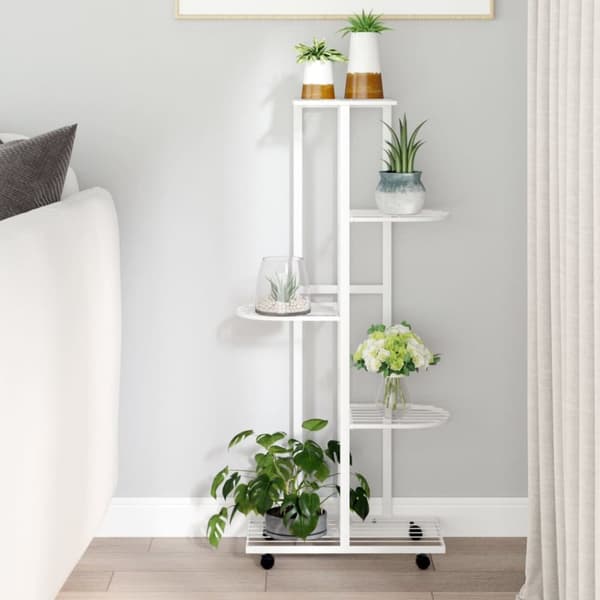 vidaXL 5-kerroksinen Kukkateline pyörillä 44x23x100 cm valkoinen rauta -  Kukkatelineet