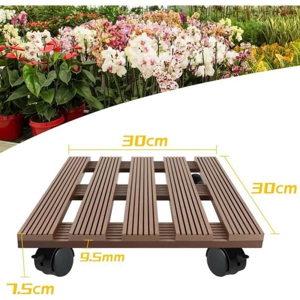 WPC Plant Trolley, fat med hjul, skateboard, för utomhus, inomhus (brun, fyrkantig)