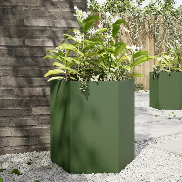 plantekasse 46x40x45 cm sekskantet stål olivengrøn