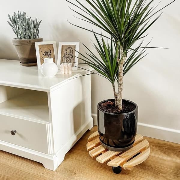 Creative Home Plant Stand on Wheels i massivt trä | Diameter 35 cm | Lastkapacitet 80 kg | Plant Flower Wheeled Stand