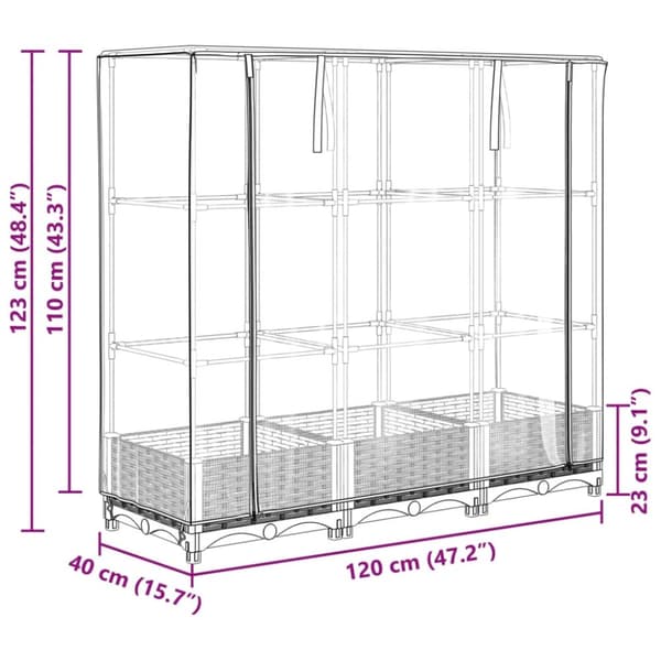højbed med drivhusovertræk 120x40x123 cm rattan-look
