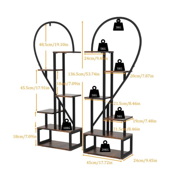 Hjerteformet Planteholder, 6 Niveauer, Stilfuld Sort & Brun Design,sort