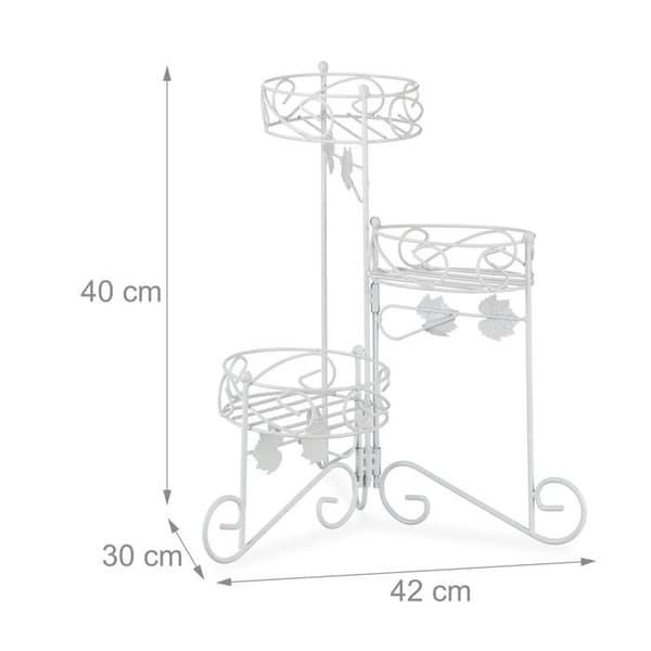 Relaxdays Blomstrappa i metall 3 våningar blomkrukhållare Rund växthylla Dekoration H: 40 cm, Vit