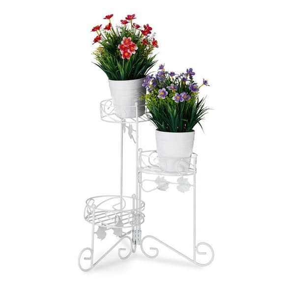 Relaxdays Blomstrappa i metall 3 våningar blomkrukhållare Rund växthylla Dekoration H: 40 cm, Vit