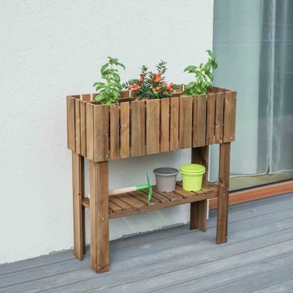 EKJU - Hævet køkkenhave med hylde i brunbejdset FSC nordeuropæisk fyr - 39 L - 78 x 29 x 79 cm