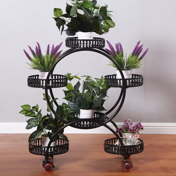 Metal Planteholder, Rullende Design, Plads til 6 Potteplanter,Sort