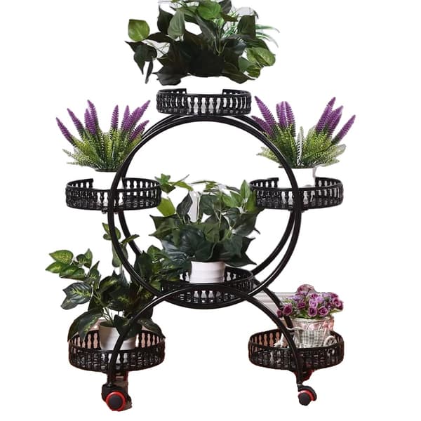 Metal Planteholder, Rullende Design, Plads til 6 Potteplanter,Sort