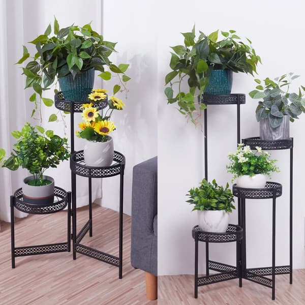 Plante Stativ, Metal Konstruktion, Foldbart Design, Sort, 4 lag