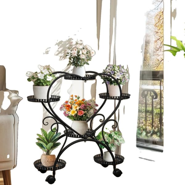 Indendørs Udendørs Planteholder, Hjerteformet Design, 6 Potte Kapacitet, Metal Konstruktion,sort