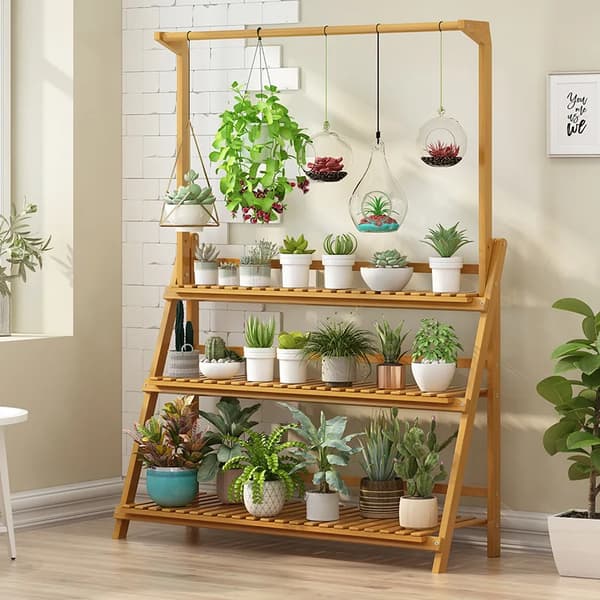 Plantebord, 3 niveauer, justerbar højde, naturlig bambus,XL, Naturligt Træ