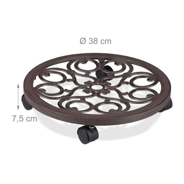Relaxdays stöd för rullande växter, rund, i metall, rullande bricka för blomkrukor, antik utseende, brun