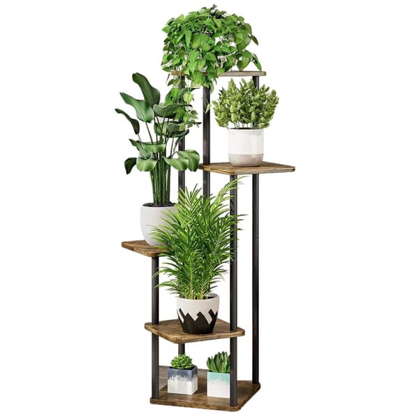 Blomsterställ, 5-nivåer, robust design i metall och trä,svart