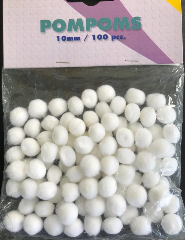 100 vit pyssel pom pom 10 mm