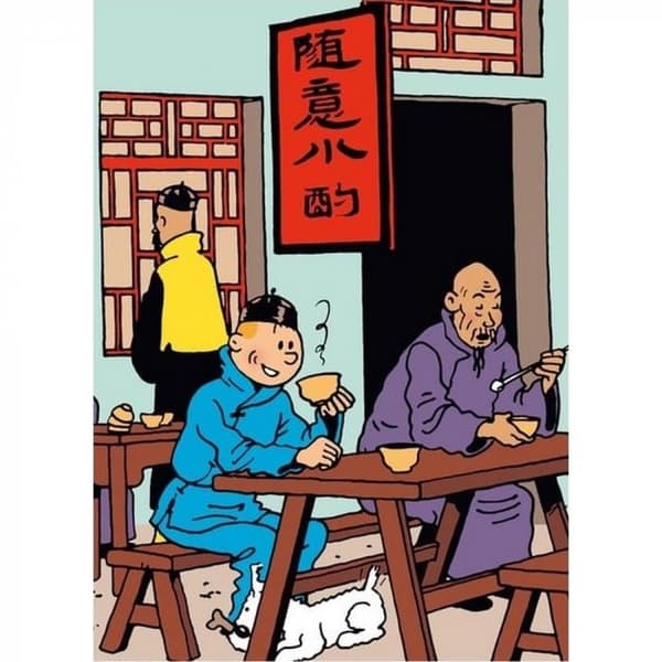 Tintin - Plastficka A4 - Blå Lotus - Tintin och Milou äter frukost
