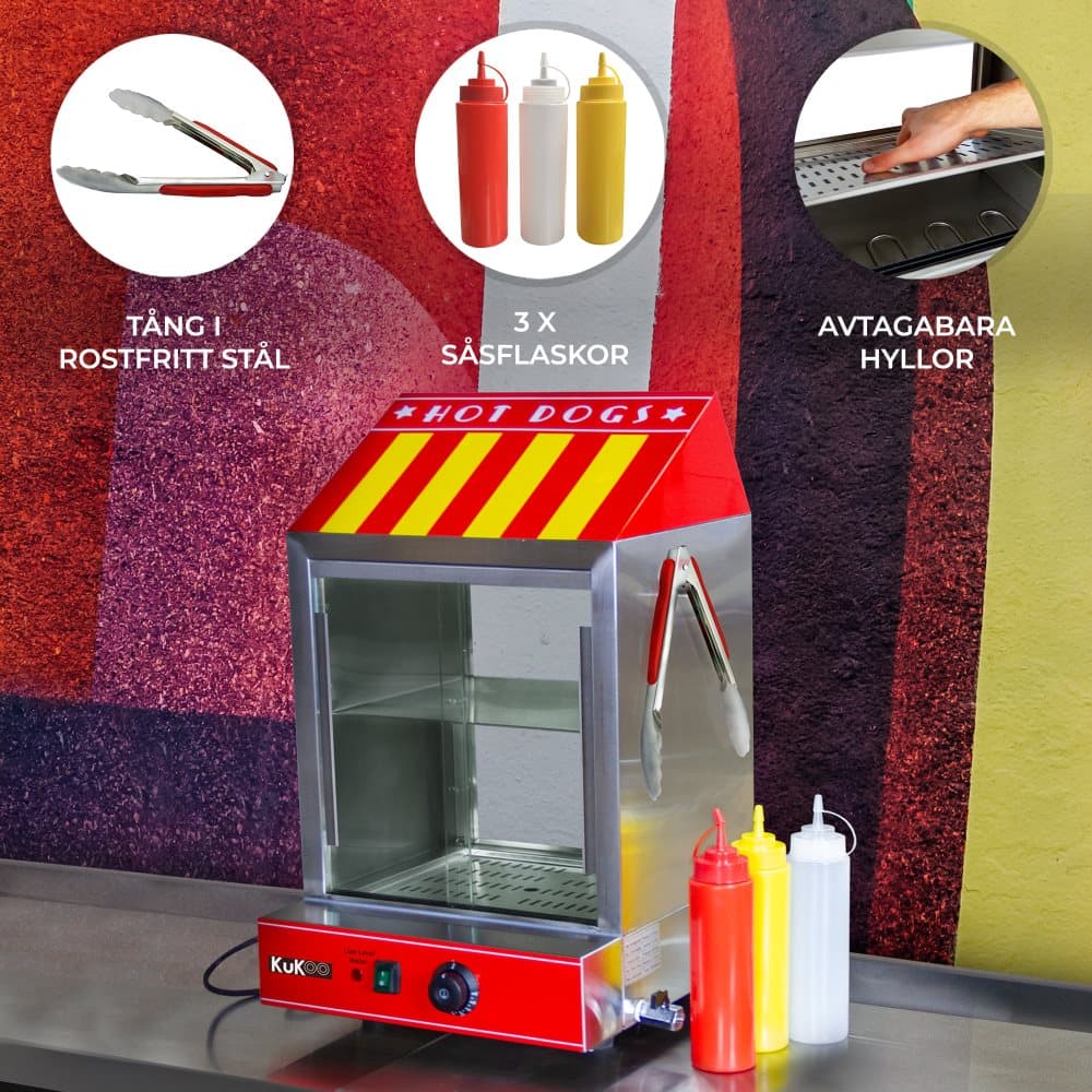 Korvvärmare Varmkorv Hot Dog Värmare Elektrisk Rostfritt Stål Skjutdörrar i Glas Hylla 2 Brickor Termostat 30 °C - 110 °C 2000W Tång 3 Såsflaskor