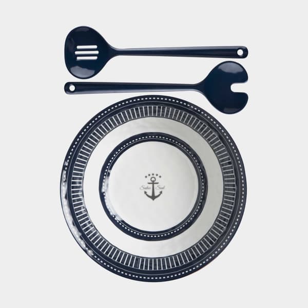 Salladsskål &amp; salladsbestick i melamin Marine Business Sailor Soul, vit/blå, 28 cm