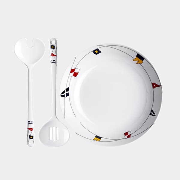 Salladsskål &amp; salladsbestick i melamin Marine Business Regata, vit/mönstrad, 25 cm