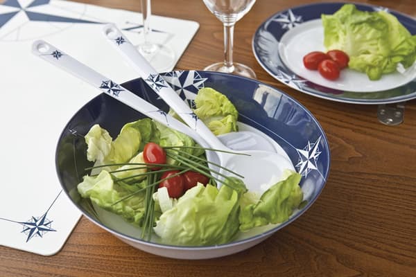 Salladsskål &amp; salladsbestick i melamin Marine Business Northwind, vit/blå, 25 cm
