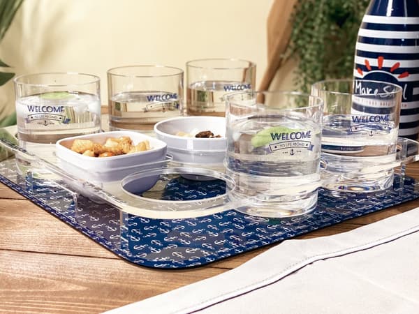 Bricka för glas + snackskålar Marine Business Party Clear, non-slip, transparent, 34 x 34 cm, 4 delar