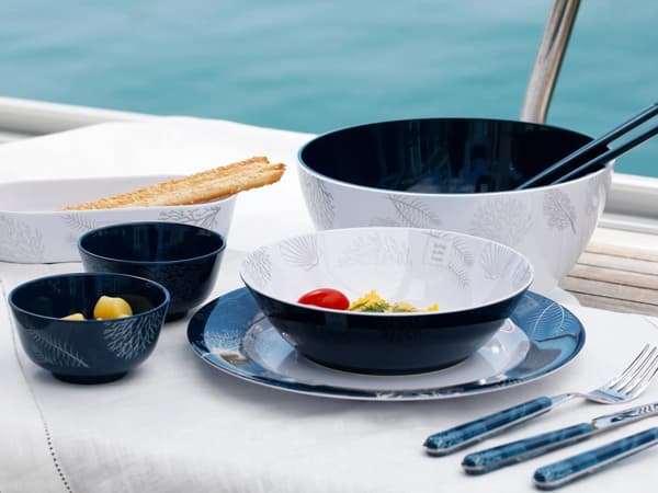 Snackskålar i melamin med bricka Marine Business Living, vit/blå, 3 delar