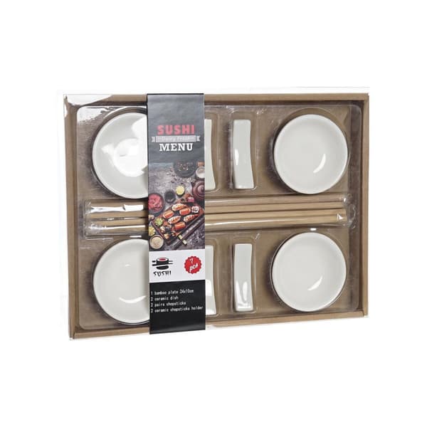 Sushisetti DKD Home Decor Bambu Kivitavara Valkoinen Luonnollinen Itämainen 27,3 x 20,3 x 2,5 cm (12 osaa)