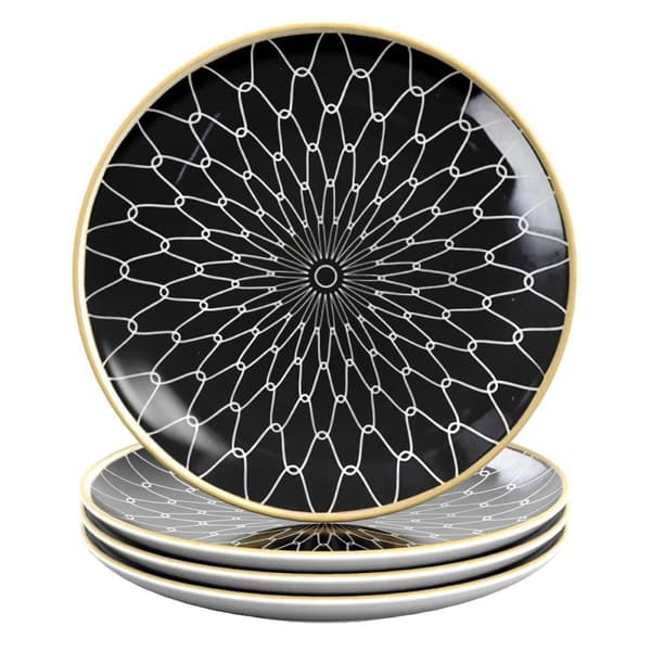 4x Porslinstallrik Platta Frukosttallrik Dessertallrik Serveringstallrik för sallad Frukt Pasta Dessert Huvudrätt och Snacks Mönster Connected - Svart Vit - Diameter 15,3 cm