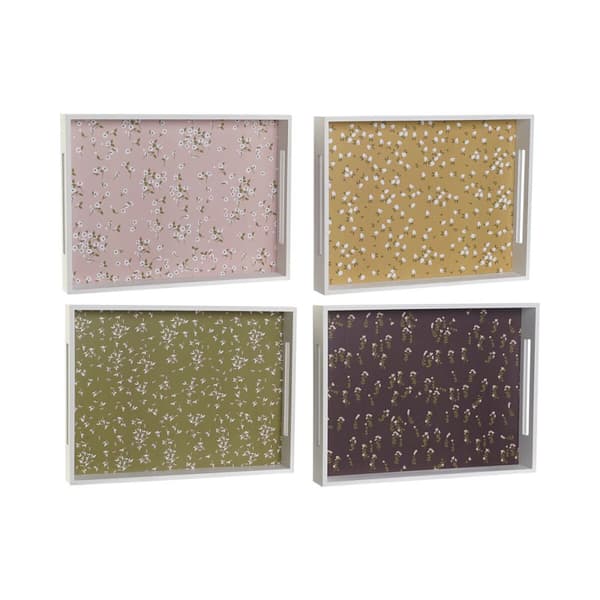 Bricka DKD Home Decor Grön Senap Mörkbrun Ljusrosa Trä MDF 40 x 30 x 5 cm (4 antal)
