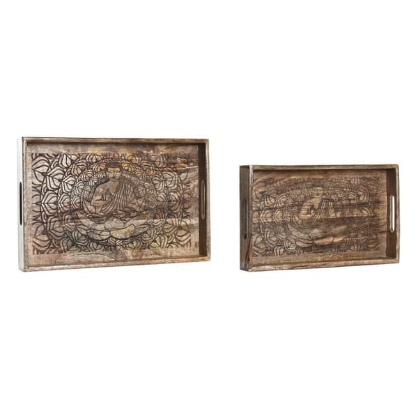 Uppsättning med Brickor DKD Home Decor 2 antal Brun Mörkbrun Mangoträ (2 antal)
