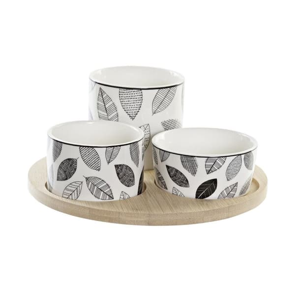 Sæt til appetizere DKD Home Decor Hvid/Sort Bambus Stentøj Ark Cottage 3 Dele 8 cm 20 x 20 x 8 cm